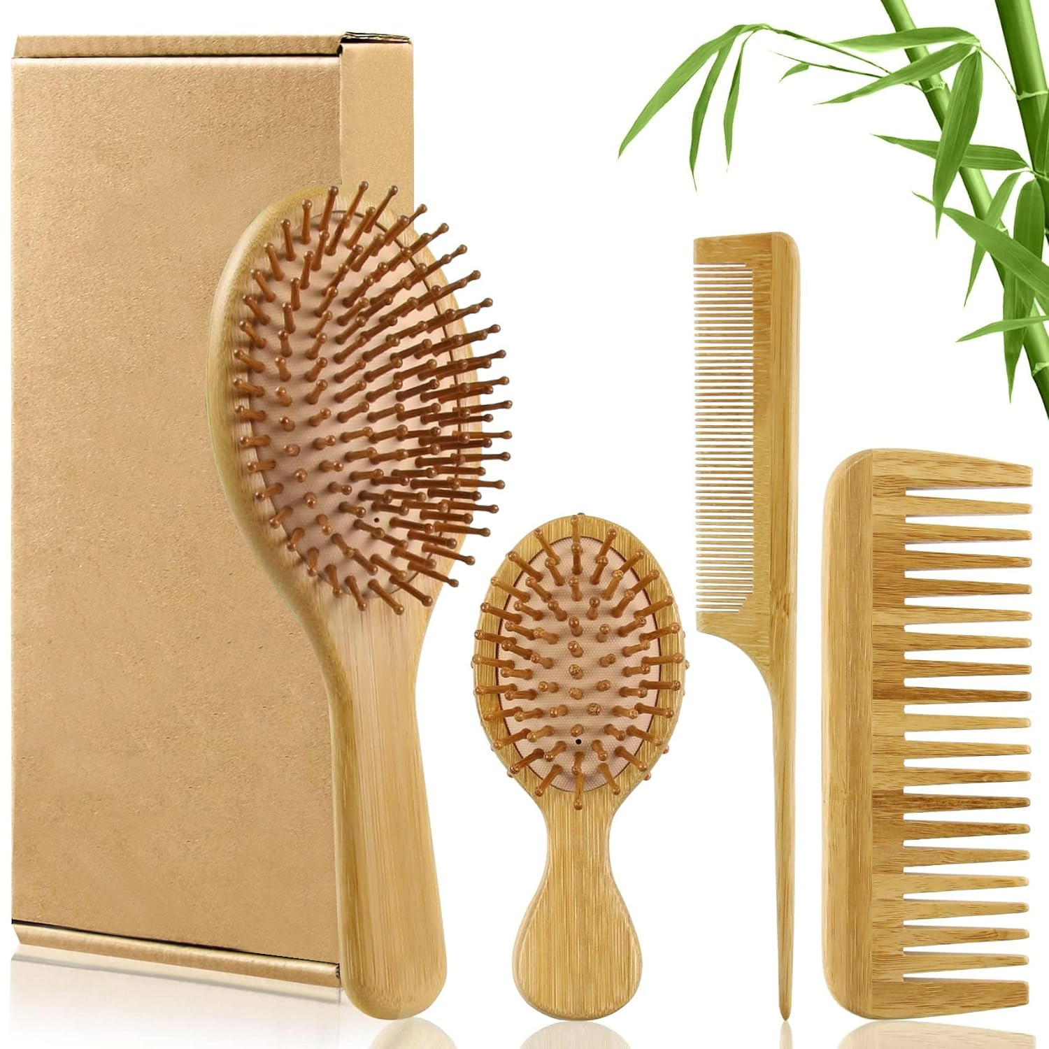 Bamboo Hair Brush Comb Set for - Detangling Wide Comb 评论和价格